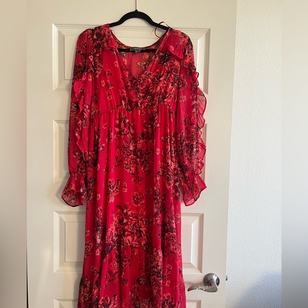 Red floral long sleeve midi dress, sheer with red slip dress included
